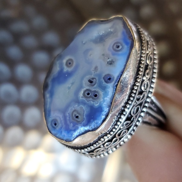 New Blue Solar Quartz Agate Druzy 925 Silver Statement Ring. - Picture 9 of 16